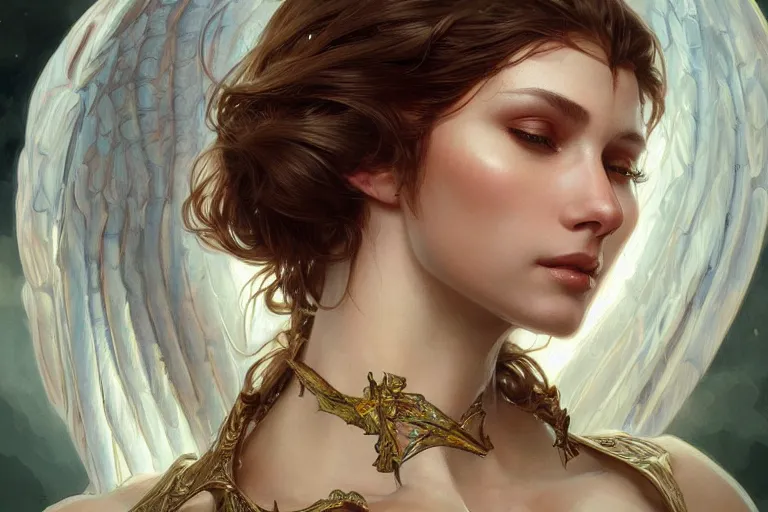 Image similar to close up portrait of beautiful angel, d & d, face, fantasy, intricate, elegant, highly detailed, digital painting, artstation, concept art, smooth, sharp focus, illustration, art by artgerm and greg rutkowski and alphonse mucha