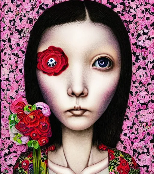 Image similar to portrait of a flowerpunk girl's face, lowbrow painting by mark ryden and hiroyuki mitsume - takahashi