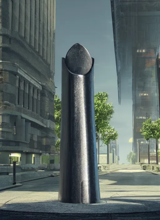 Image similar to highly detailed render of a futuristic metallic stele standing on the road made in unreal engine 4