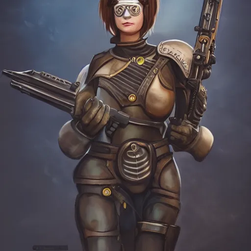 Prompt: female artificer with futuristic rifle, tubes connecting mediaeval half plate armor to rifle, brown hair, smiling, portrait, goggles over forehead, trending on artstation