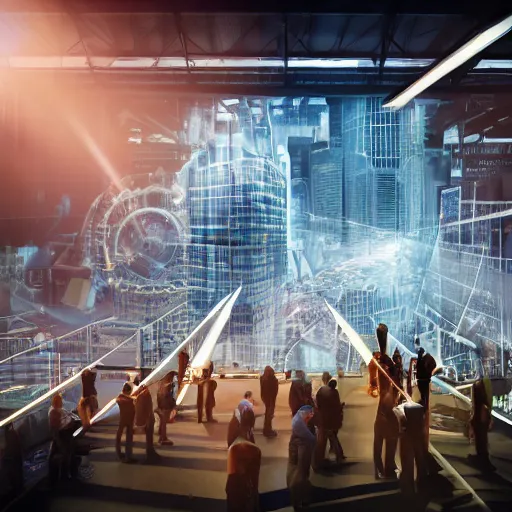 Image similar to crane shot of large group people in open warehouse, looking at hologram of futuristic city on a table, cinematic concept, godrays, golden hour, natural sunlight, 4 k, clear details, tabletop model buildings, tabletop model, ethereal hologram center, crane shot, crane shot, rule of thirds, people, people, award winning