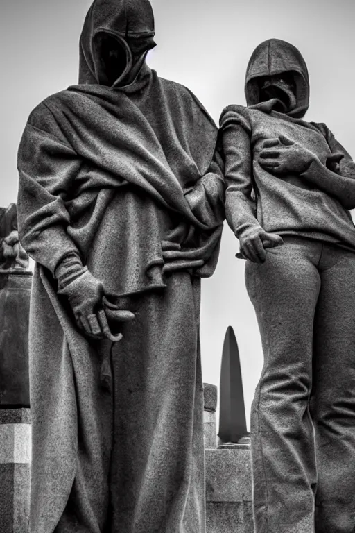 Prompt: two people are standing in front of some cemetry statue with black hoodie stylish handling knife and white porcelent mask sharp creepy and dark photorealism intricate professional photography cinematic photography wide angle natural grid posisition centered reflection realistic detailed proportionate intricate sharp focus black white background