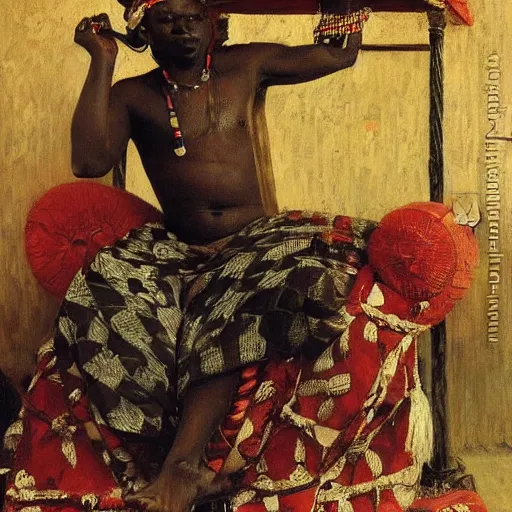 Prompt: king of benin on his throne in traditional dress, 1905, bright, highly detailed, oil on canvas, by Ilya Repin