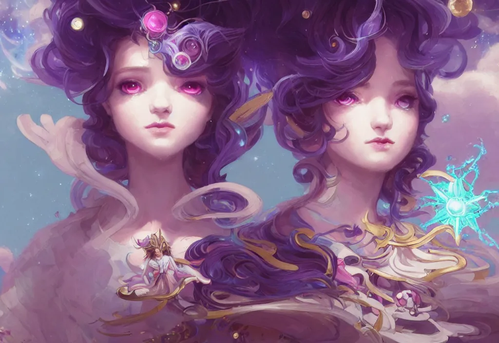 Image similar to close up picture of an maximalist dress magical girl, neat hair with bangs, smug face, fist to camera, extremely beautiful and aesthetic and detailed cute face and eyes, wipe out evils with cute astronaut familiar sprites, aming the magical beams, chiaroscuro, intricate, masterpiece, fantasy illustrations by peter mohrbacher and anato finnstark and jeremy lipking