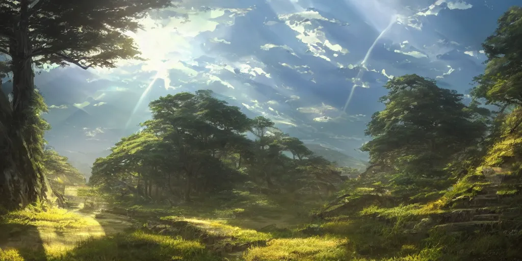 Prompt: concept art by makoto shinkai, ancient zhou dynasty, street view from mountain, crepuscular rays, epic scene, hyper realistic, photo realistic, overgrowth, cinematic atmosphere, ethereal lighting