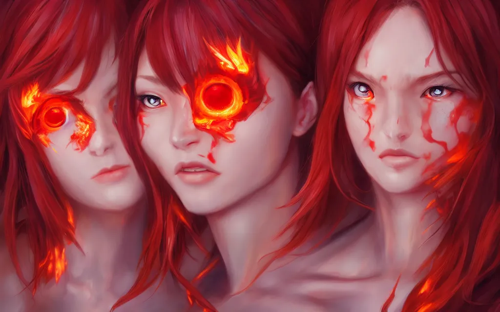 Image similar to A realistic anime portrait of a beautiful fire spirit twins with glowing red eyes and firey skin wearing clothes made of flames, digital painting, by Stanley Artgerm Lau, Sakimichan, WLOP and Rossdraws, digtial painting, trending on ArtStation, SFW version