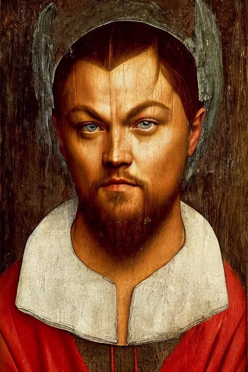 Image similar to 1 4 0 0 s renaissance portrait of leonardo dicaprio oil painting by jan van eyck, northern renaissance art, oil on canvas, wet - on - wet technique, realistic, expressive emotions, intricate textures, illusionistic detail