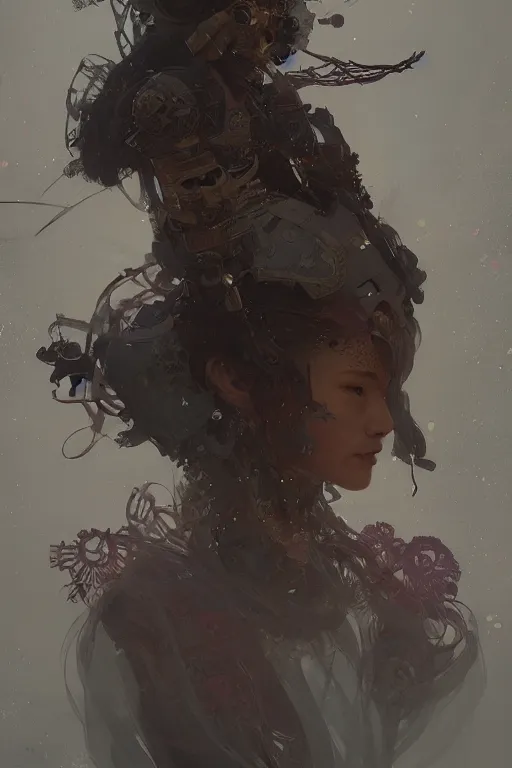 Image similar to A full portrait of a powerful beautiful futuristic dystopian junktown Japanese techromancer sorcerer enchanter, intricate, elegant, highly detailed, digital painting, artstation, concept art, smooth, sharp focus, illustration, art by Krenz Cushart and Artem Demura and alphonse mucha