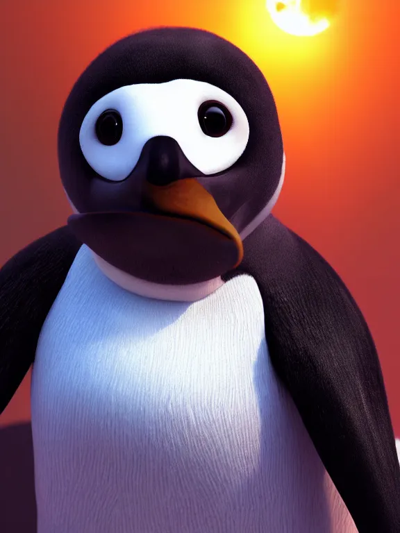 Image similar to portrait art of Pingu on mars, 8k, ultra realistic , lens flare, atmosphere, glow, detailed, intricate, full of colour, cinematic lighting, trending on artstation, 4k, hyperrealistic, focused, extreme details, unreal engine 5, cinematic, masterpiece