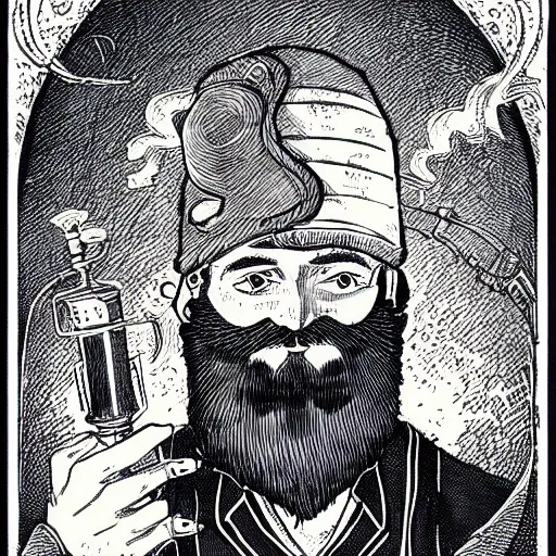Image similar to wizard with beard, holding a bomb, dnd, high detail, fantasy, in the style of vintage antique illustration and line drawing or engraving - c 9. 0
