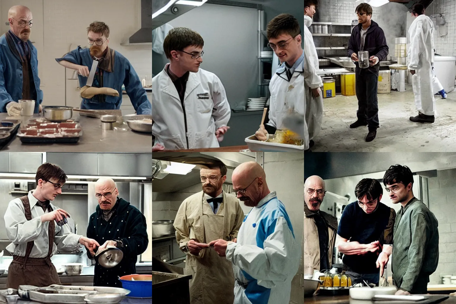 Prompt: Walter White teaching Daniel Radcliffe how to cook in a meth lab, still from Harry Potter and the Crystal Meth (2024)