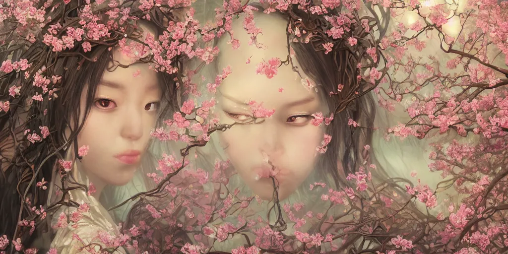 Image similar to breathtaking detailed concept art painting of the goddess of cherry blossom, orthodox saint, with anxious, piercing eyes, ornate background, amalgamation of leaves and flowers, by Hsiao-Ron Cheng, James jean, Miho Hirano, Hayao Miyazaki, extremely moody lighting, 8K