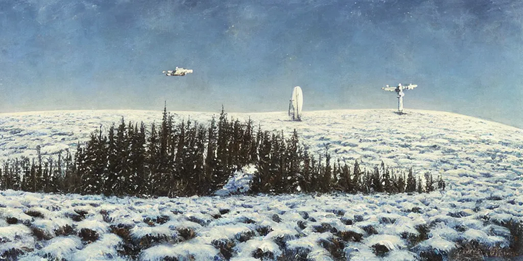 Prompt: white giant spaceship in center on tansy field at foot on snowy mountain by Fernand Khnopff by john berkey, oil painting