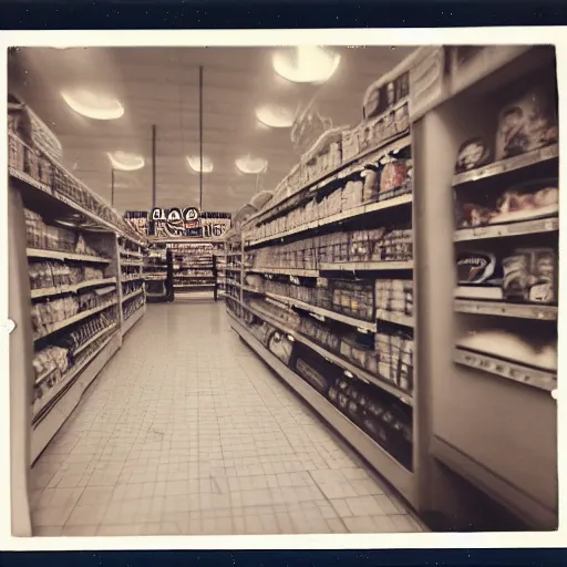 Image similar to Vintage Photograph of a futuristic time machine inside of a grocery store, shallow depth of field, awkward, out of place, polaroid 600 Color