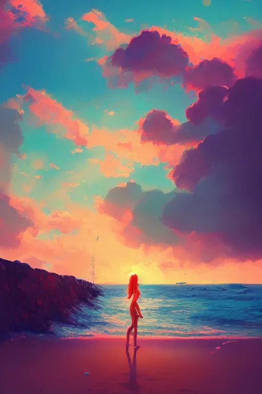 Image similar to red haired girl, bikini, crowded beach surreal photography, sunrise, dramatic light, impressionist painting, colorful clouds, digital painting, artstation, simon stalenhag