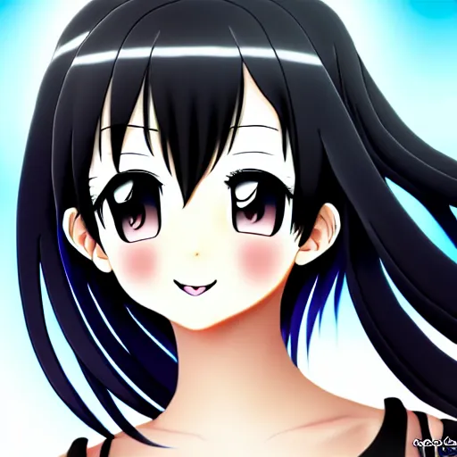 Prompt: photorealistic, a beautiful smiling anime girl with black hair and hime cut, 4K, mspaint, clip studio paint, pixiv source