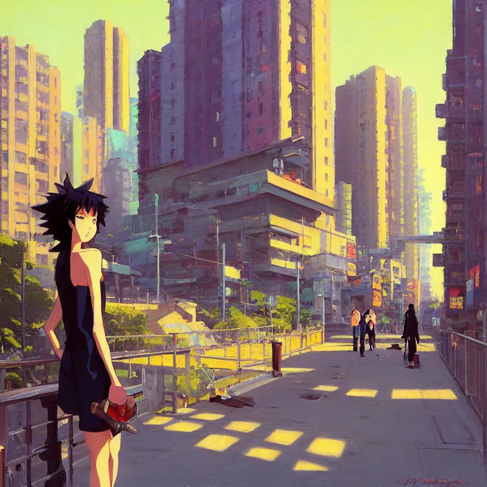 Image similar to front view painting of a stone railing urban japanese city in the background in the style of cowboy bebop, anime style, calm, sunny day, bright, artwork by jeremy lipkin and giuseppe dangelico pino and michael garmash and rob rey and greg manchess and huang guangjian and makoto shinkai, sharp edges, simple form, 1 0 0 mm