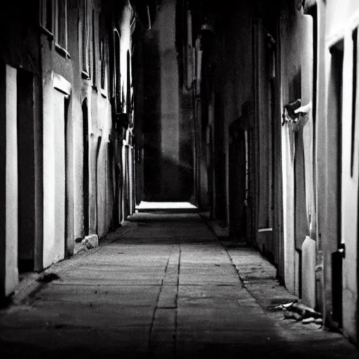 Prompt: a gloomy alley, a man stands in the darkness but the white of his eyes can be seen, dark, gloomy, skeptical