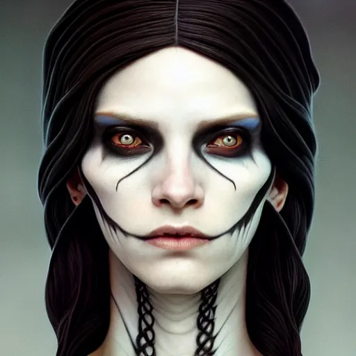 Image similar to portrait painting of an androgynous witch with shoulder length flowing black hair pale skin and beautiful dark brown eyes wearing a punk clothes, ultra realistic, concept art, intricate details, eerie, highly detailed, photorealistic, octane render, 8 k, unreal engine. art by artgerm and greg rutkowski and magali villeneuve and alphonse mucha