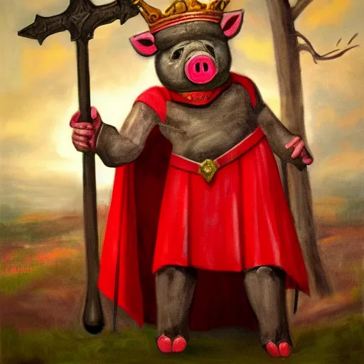 Image similar to a humanoid pig, wearing a crown, red cape and wielding a black axe, vivid colors, soft lighting, atmospheric, cinematic, moody, oil on canvas, 8 k