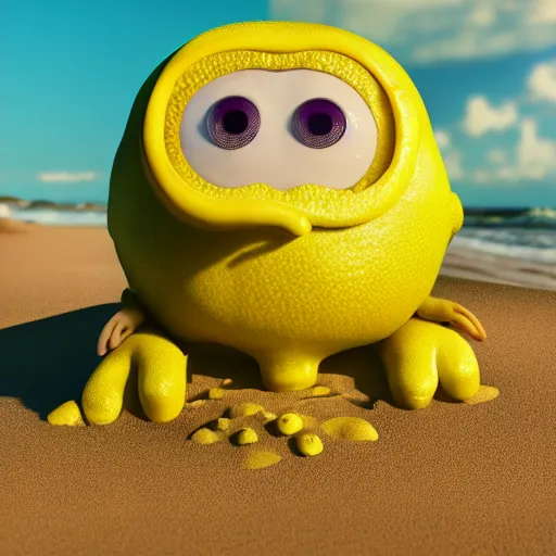 Prompt: 3 d render, of anthropomorphic lemon character that looks like a monster from the movie monsters inc, with lemon skin texture, he is wearing a hat, building a sandcastle on the beach at sunset, beach, huge waves, sun, clouds, long violet and green trees, rim light, cinematic photography, professional, sand, sandcastle, volumetric lightening