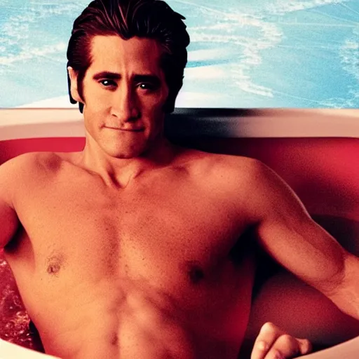 Image similar to a movie poster of Jake Gyllenhaal as patrick Swayze sitting in a hot tub in the movie Road House