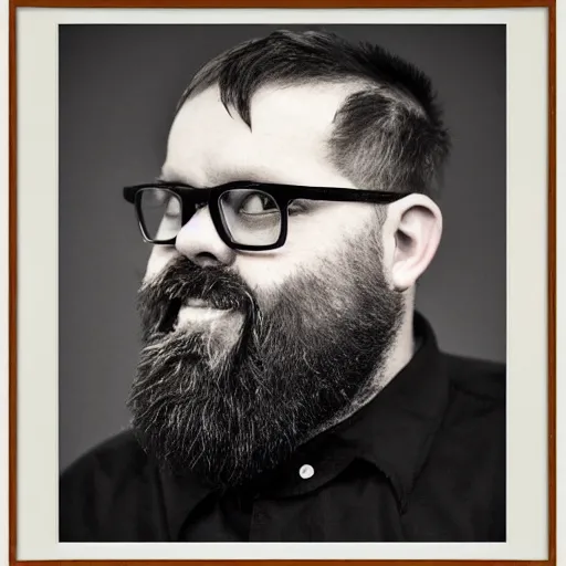 Prompt: A Portrait of Richard Wikström, a bearded swedish man, stocky and short, overweight man in his late 30's or early 40's, he has a wide nose living and is living in Luleå or Boden in the northern part of Sweden, he has old school tattos on his sleeves and very large black frame glasses from Gucci. Detailed digital art, portrait, D&D, fantasy, highly detailed, digital painting, artstation, concept art, sharp focus, illustration, art by artgerm and greg rutkowski and alphonse mucha