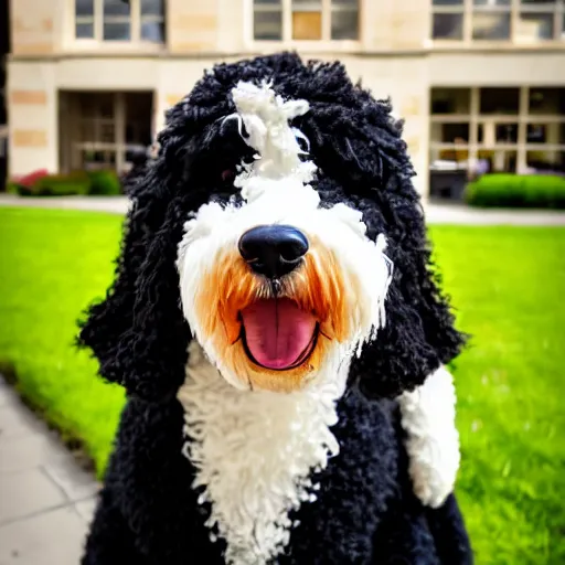 Image similar to a closeup photorealistic photograph of a cute smiling knitted bernedoodle judge dog dressed in a black gown, presiding over the courthouse. indoor image, professional capture, well lit shot. this 4 k hd image is trending on artstation, featured on behance, well - rendered, extra crisp, features intricate detail, epic composition and the style of unreal engine.