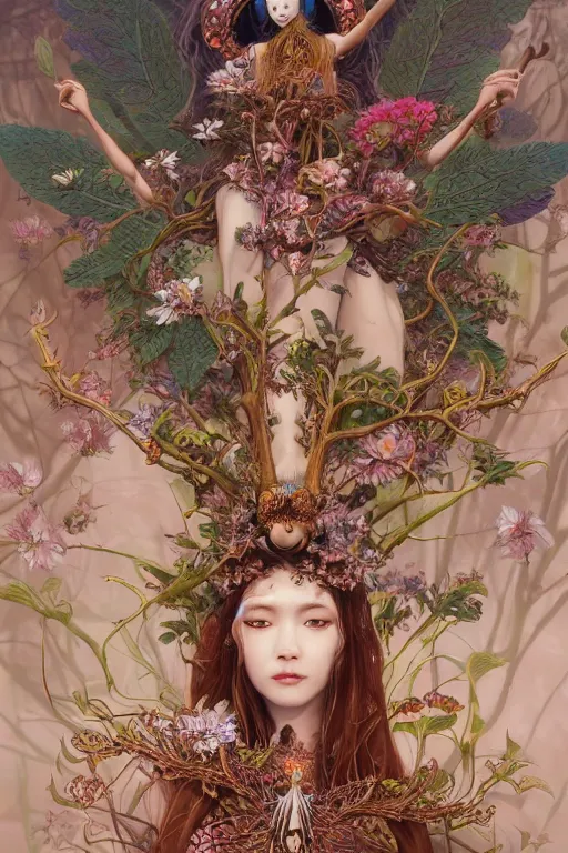 Image similar to breathtaking detailed concept art painting of the goddess of insects, orthodox saint, with anxious, piercing eyes, ornate background, amalgamation of leaves and flowers, by Hsiao-Ron Cheng, James jean, Miho Hirano, Hayao Miyazaki, extremely moody lighting, 8K