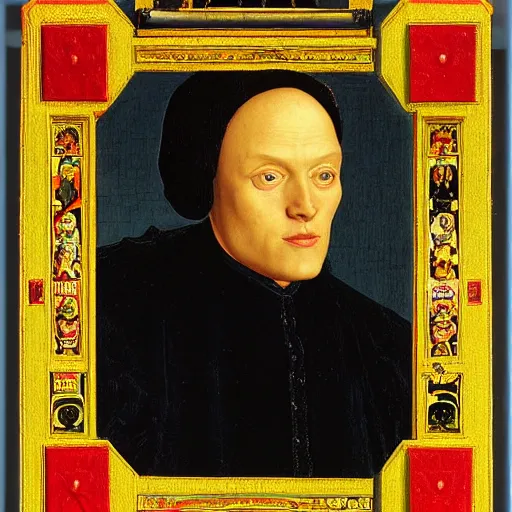 Image similar to a portrait of a person jacked into their cyberdeck by Jan van Eyck