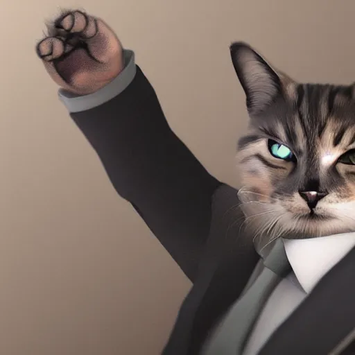 Image similar to a high quality photo of a cat wearing a suit and smoking, render, ultra realistic, cgsociety