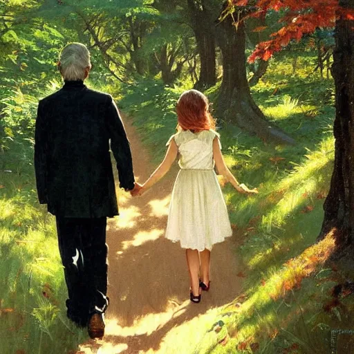 Image similar to A painting of a father and daughter walking through a beautiful forest holding hands, brunette hair, golden hour, art by Kenne Gregoire and Krenz Cushart, Norman Rockwell trending on artstation