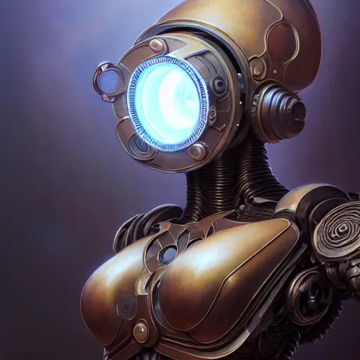 Image similar to low angle shot of a cyberpunk gazmask robot character, intricate, elegant, highly detailed, centered, digital painting, artstation, concept art, smooth, sharp focus, illustration, artgerm, Tomasz Alen Kopera, Peter Mohrbacher, donato giancola, Joseph Christian Leyendecker, WLOP, Boris Vallejo