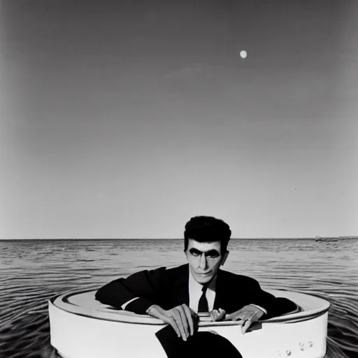 Prompt: surreal art, portrait of twilight zone host rod serling on a boat, on a river, with tangerine colored trees and marmalade colored skies