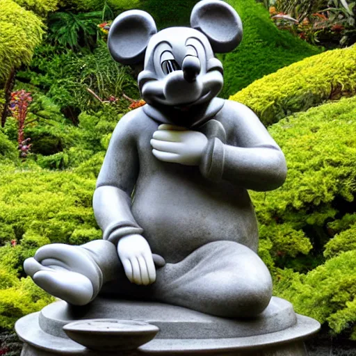 Image similar to marble statue of mickey mouse meditating in a rococo japanese garden