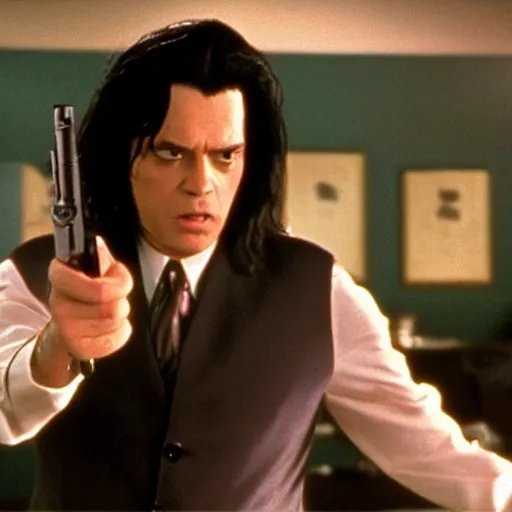 Image similar to still of tommy wiseau as vincent vega holding a gun in pulp fiction ( 1 9 9 4 ), 4 k, cinematic, film footage, screencap, by quentin tarantino