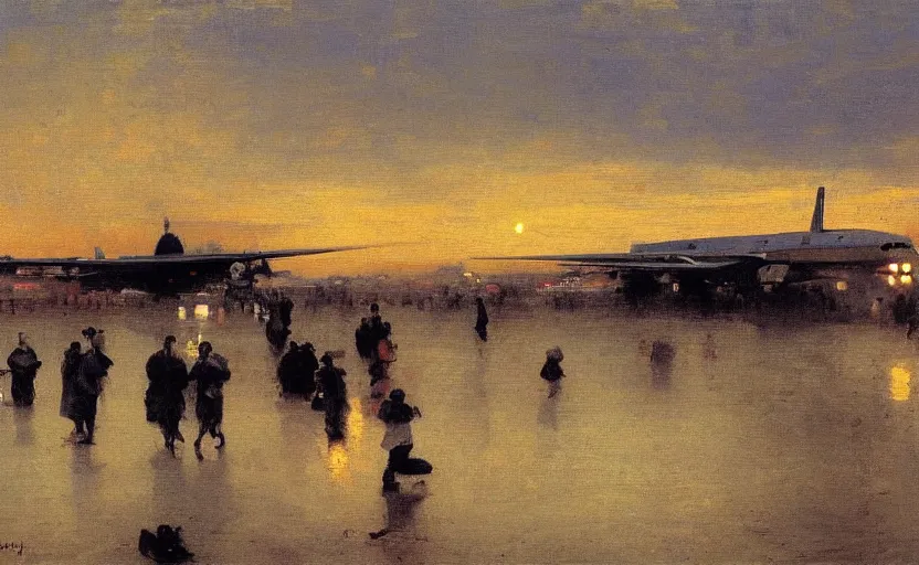 Image similar to high quality high detail painting by ilya repin, dawn, plane landing in the airport, hd