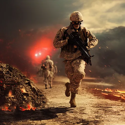 Image similar to soldier running military battlefield fire war explosions octane render art style rock octane render high quality photorealistic