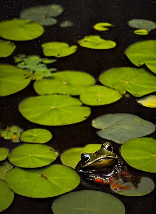 Image similar to dark clouds, close - up of a moody frog in the pond with water lilies, shallow depth of field, highly detailed, autumn, rain, bad weather, ominous, digital art, masterpiece, matte painting, sharp focus, matte painting, by isaac levitan, asher brown durand,