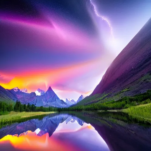 Prompt: amazing landscape photo of mountains with lake in sunset and a purple tornado by marc adamus, beautiful dramatic lighting