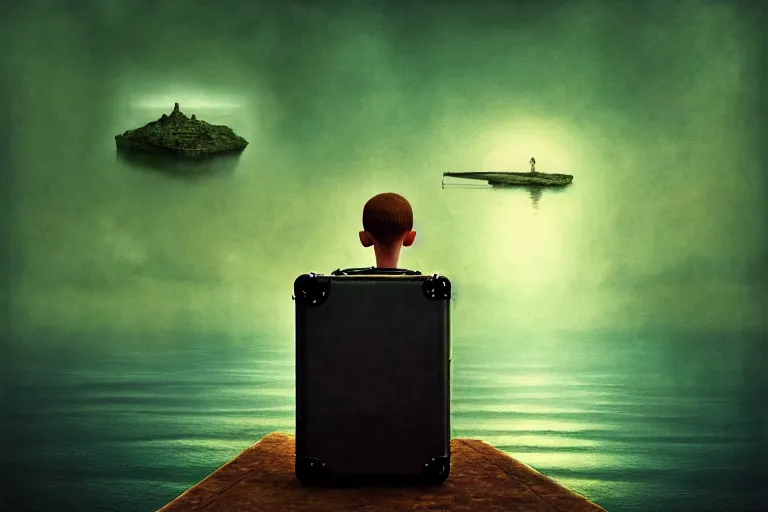 Image similar to hyperrealistica boy with binoculars sits on a suitcase floating on the sea, in the style of beksinski, solarpunk, atmospheric, clean, intricate and epic composition, green by caravaggio, insanely quality, highly detailed, masterpiece, blue light, artstation, 4 k