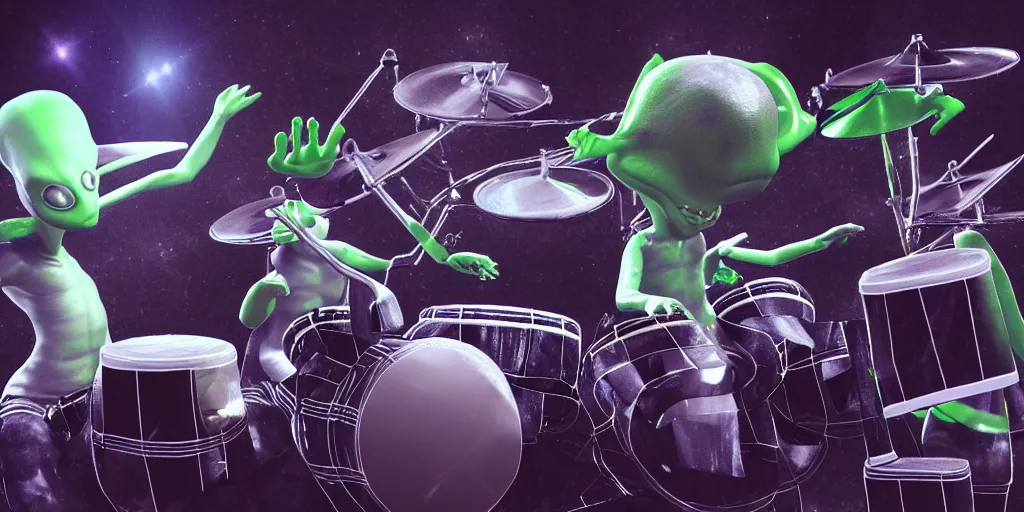 Image similar to aliens band play on drums and guitar, piano, rock concert, alien-drummer, alien-guitar player, realism, 3d render, highly detailed, 4k