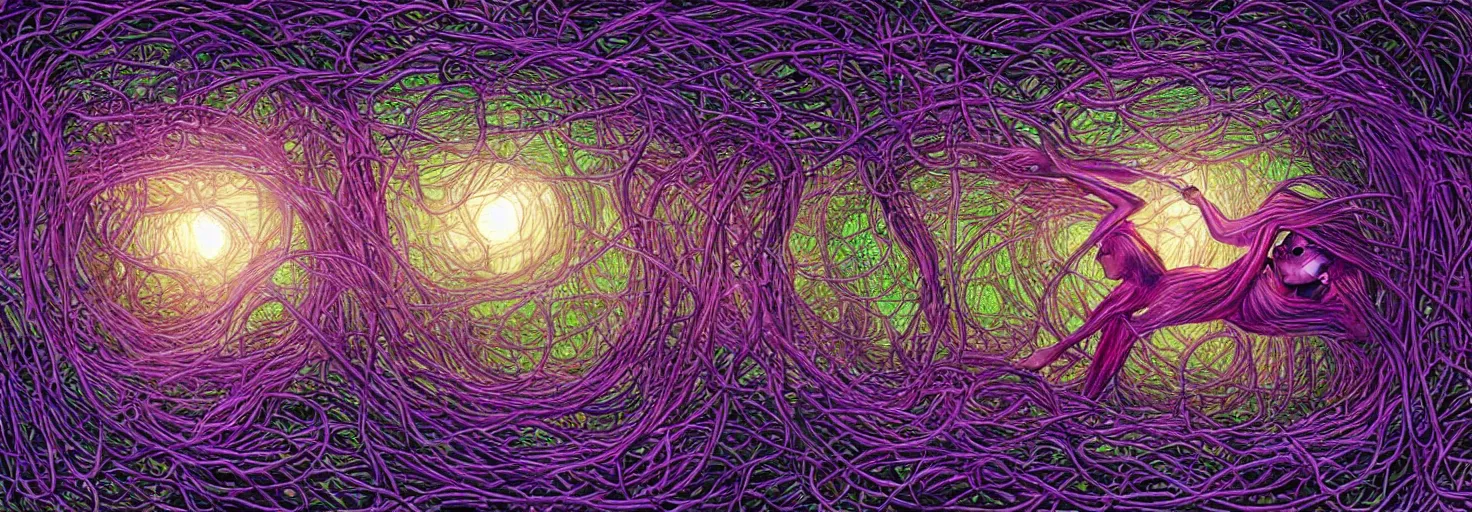 Image similar to a person trapped in the fetal position inside of extremely thick iridescent vines intertwined, central circular composition, high saturation, epic lighting, in the style of Peter gric and Amanda Sage 8k