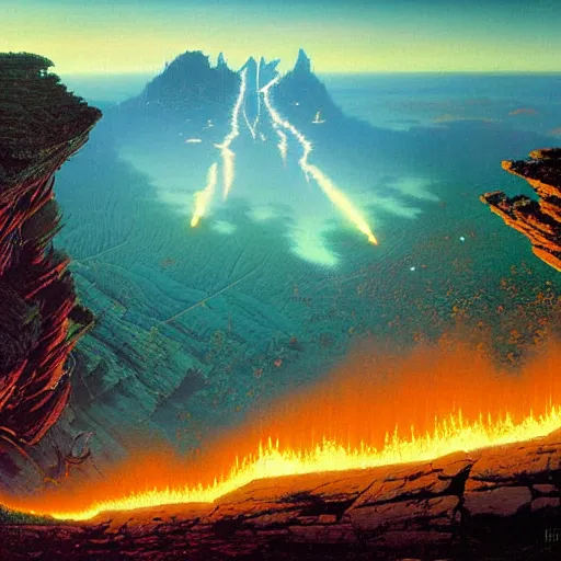 Image similar to a wide - angle beautiful painting of firefall over a high cliff. by bruce pennington, dan mumford.