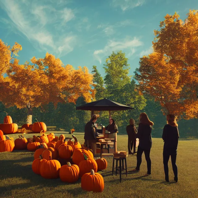 Image similar to pumpkin headed people ordering coffee at a coffee stand, maple trees with fall foliage, on a mountain, volumetric, realistic, cinematic lighting, ray tracing, unreal engine 5, octane render, hyper realistic, photo, 8 k