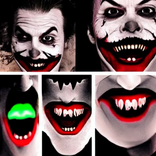 Image similar to joker, smiling, unnatural grin, horror, creepy, smoke, black, dark, glow