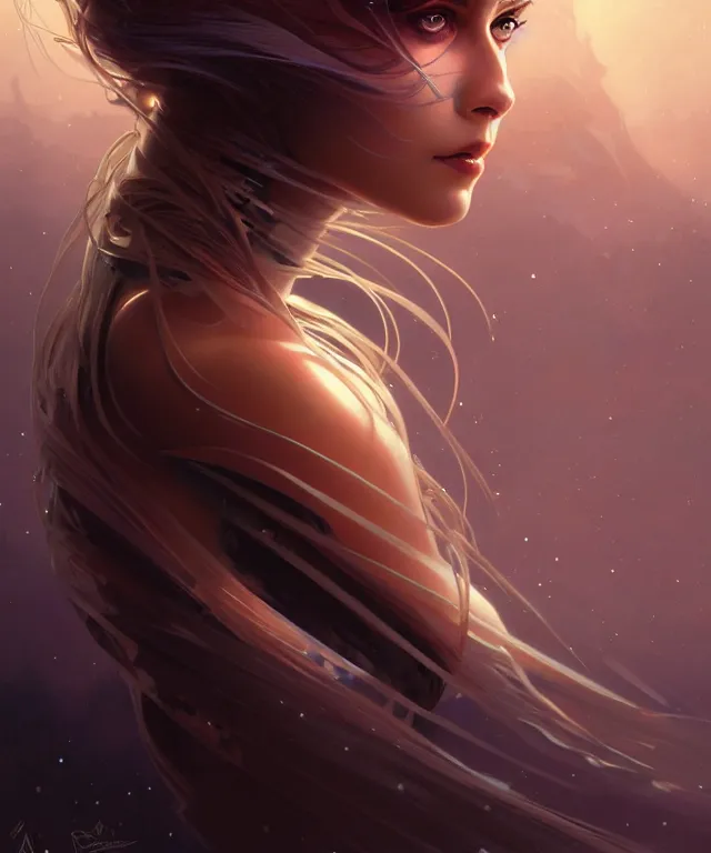 Image similar to futuristic woman portrait, sci-fi, amber eyes, face, long hair, fantasy, intricate, elegant, highly detailed, digital painting, artstation, concept art, smooth, sharp focus, illustration, art by artgerm and greg rutkowski and alphonse mucha