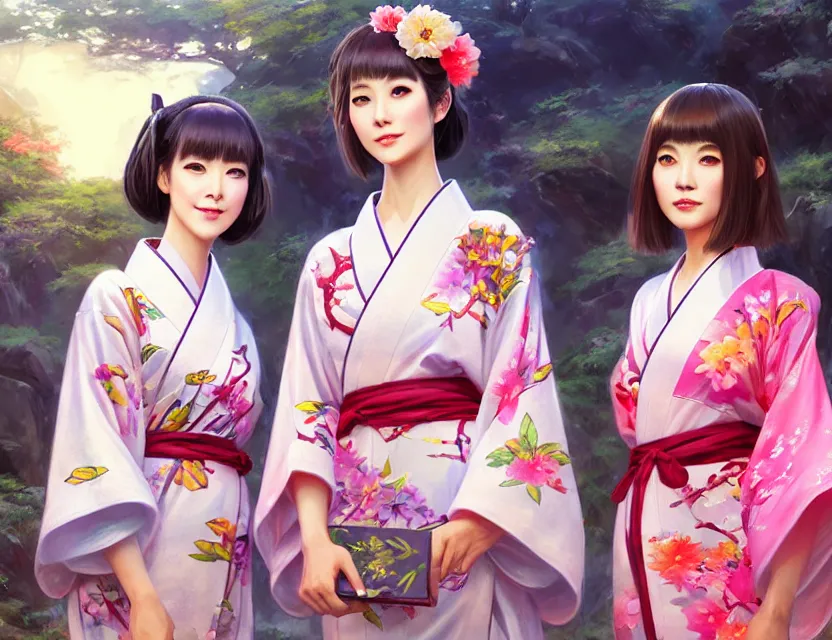 Image similar to two beautiful fashion taiwan girls wear fantasy yukata in festival | | big eyes, sunny, dreamlike art, realistic shaded, smile, good looking, fine details, 4 k realistic, cryengine, realistic shaded lighting poster by greg rutkowski, magali villeneuve, artgerm, jeremy lipkin and michael garmash and rob rey