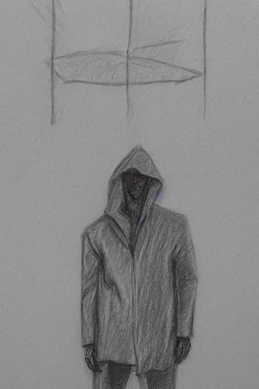 Image similar to a drawn man standing in the rain in a jacket. pencil sketch.