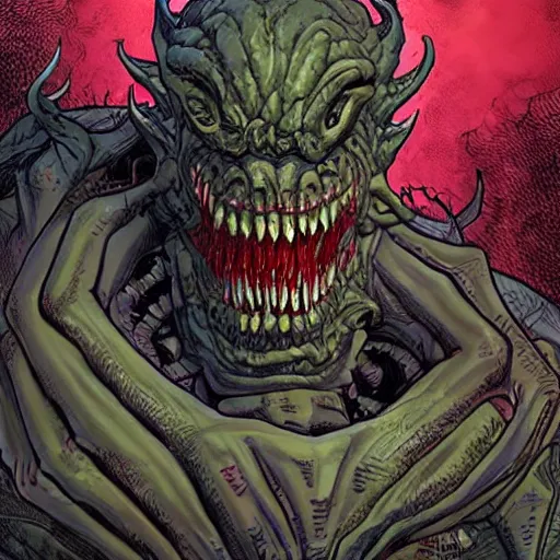 Image similar to a monstrous demon in an expensive three piece suit, with a gigantic mouth that is open - wide as it approaches a lush green utopian city, intricate, elegant, highly detailed, smooth, sharp focus, detailed face, high contrast, graphic novel, art by ardian syaf and pepe larraz,